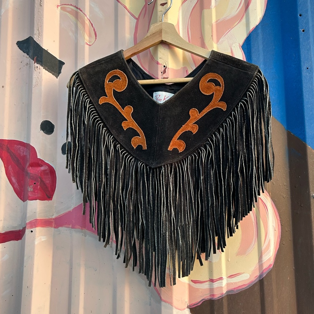 Black Fringe Poncho with Orange Accents